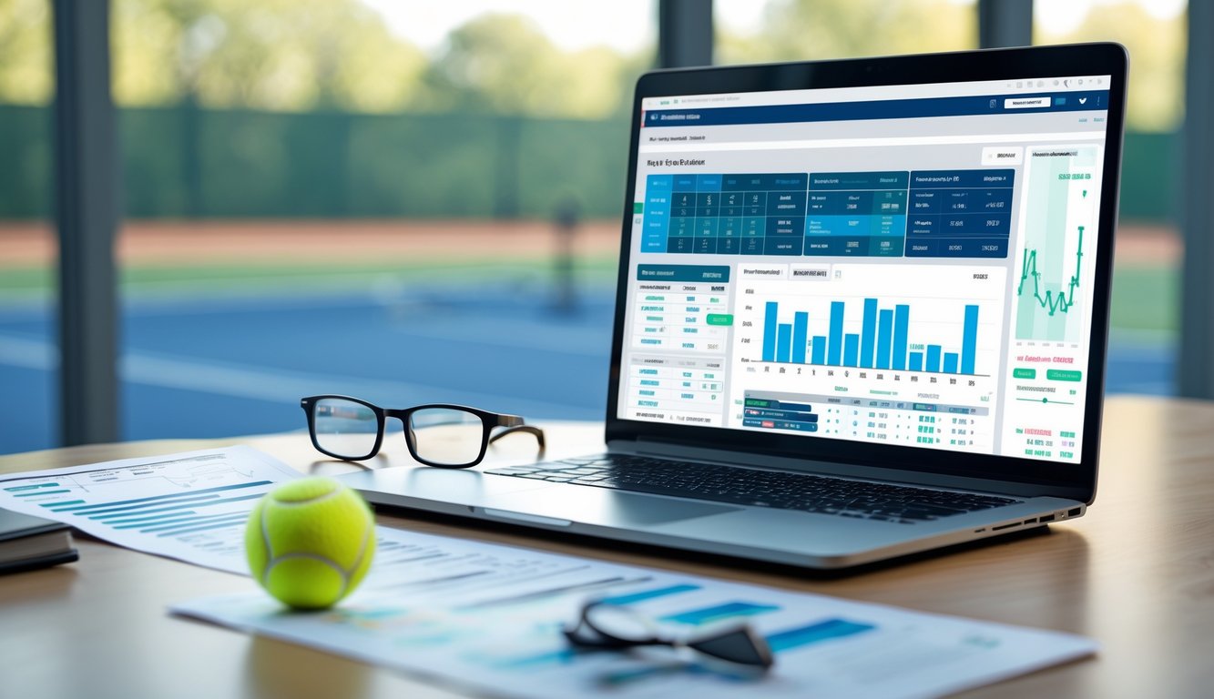Meja kerja dengan laptop yang menampilkan grafik statistik tenis, bola tenis, dan laporan pemain, dengan lapangan tenis terlihat di latar belakang.
