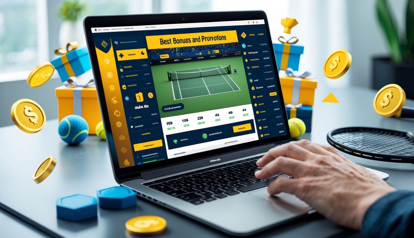 Seseorang menggunakan laptop dengan layar yang menampilkan antarmuka taruhan tenis online, di meja terdapat bola tenis dan raket.