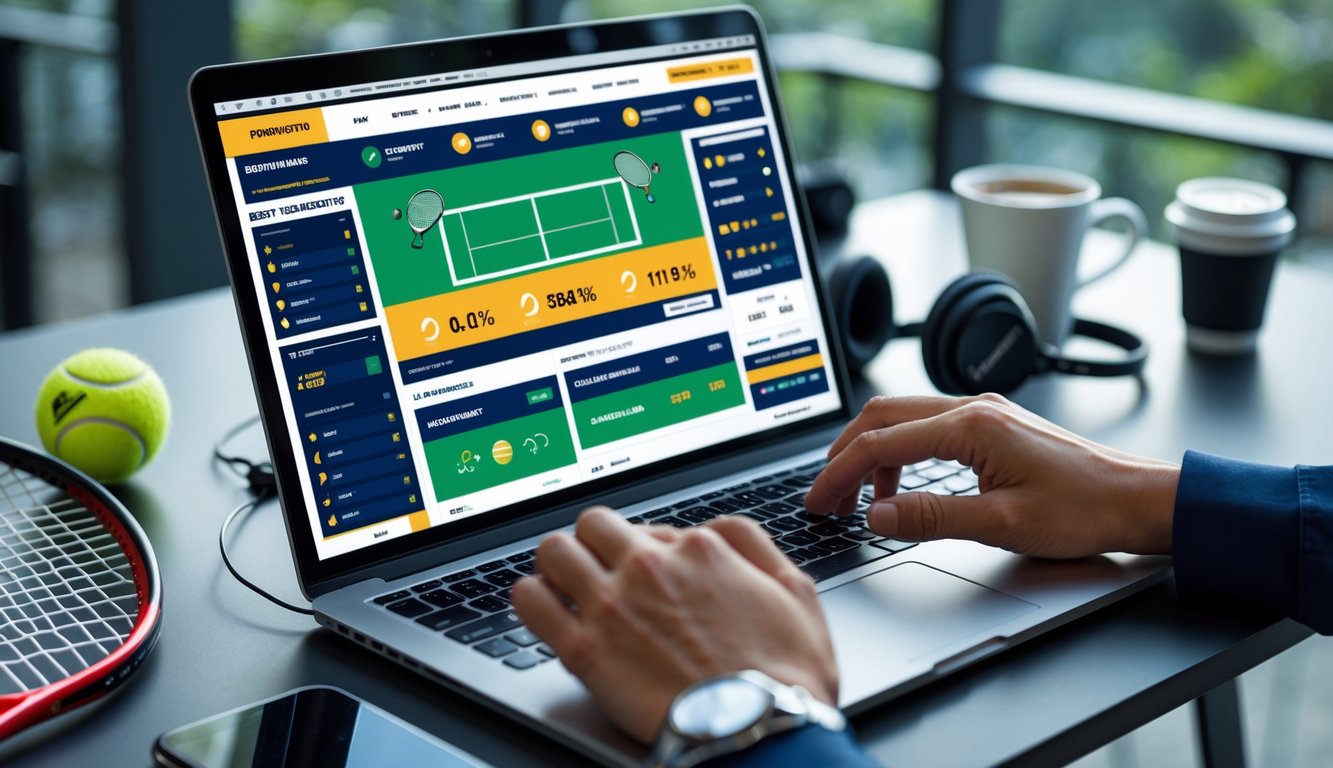 Seseorang menggunakan laptop di meja kerja dengan bola tenis dan raket di sampingnya, menunjukkan aktivitas taruhan tenis online.