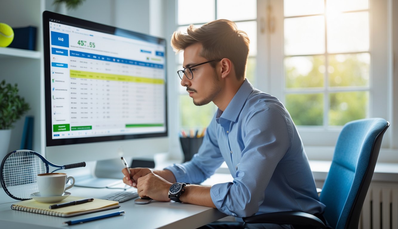 Seorang pria muda duduk di meja dengan komputer yang menampilkan statistik tenis, terlihat fokus menganalisis pertandingan tenis.