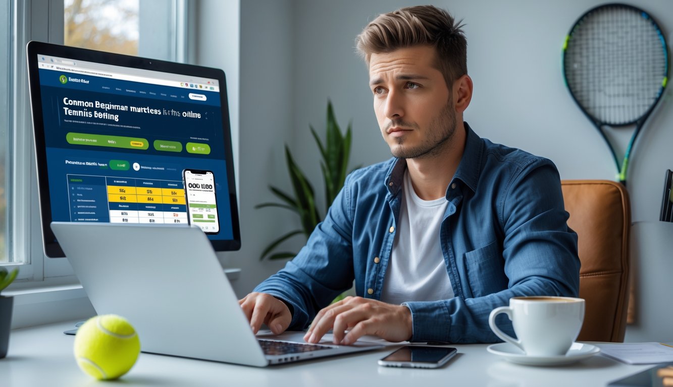 Seorang pria muda duduk di meja dengan laptop, terlihat fokus dan berpikir sambil melihat layar yang menampilkan situs taruhan tenis online.