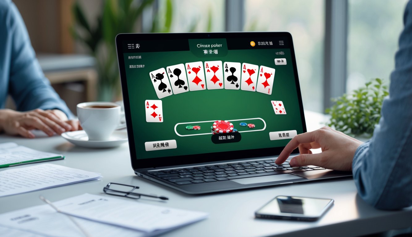 Seseorang sedang belajar bermain Chinese Poker online menggunakan laptop di meja kerja dengan kartu dan alat tulis di sekitarnya.