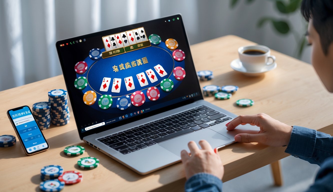 Seorang pemain sedang menggunakan laptop untuk bermain Chinese Poker online dengan kartu dan chip poker di meja.