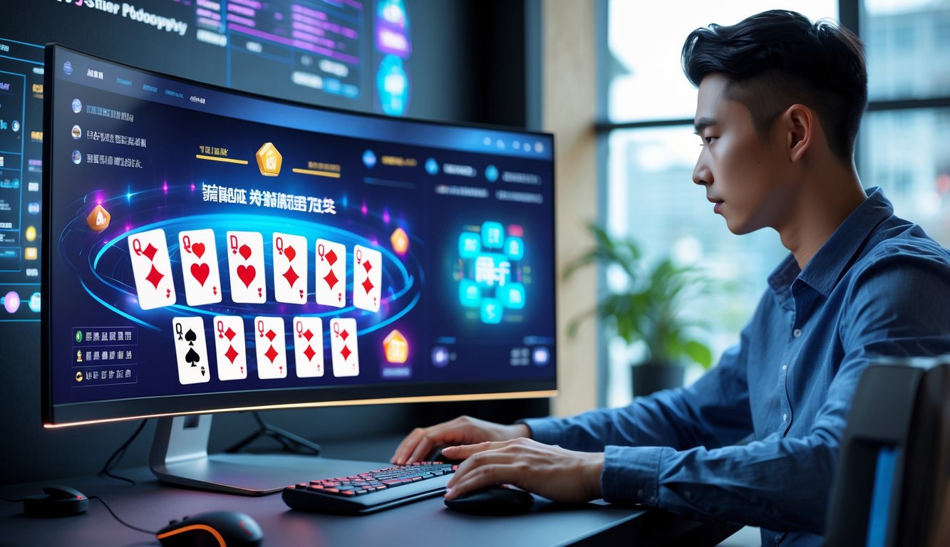 Seorang dewasa muda sedang fokus bermain poker China secara online di depan komputer dengan kartu bermain digital di layar.