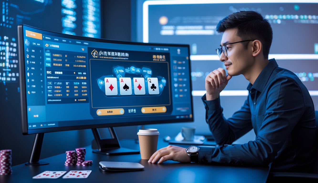 Seorang pemain poker online duduk di depan komputer dengan layar menampilkan permainan Chinese Poker dan grafik strategi taruhan.