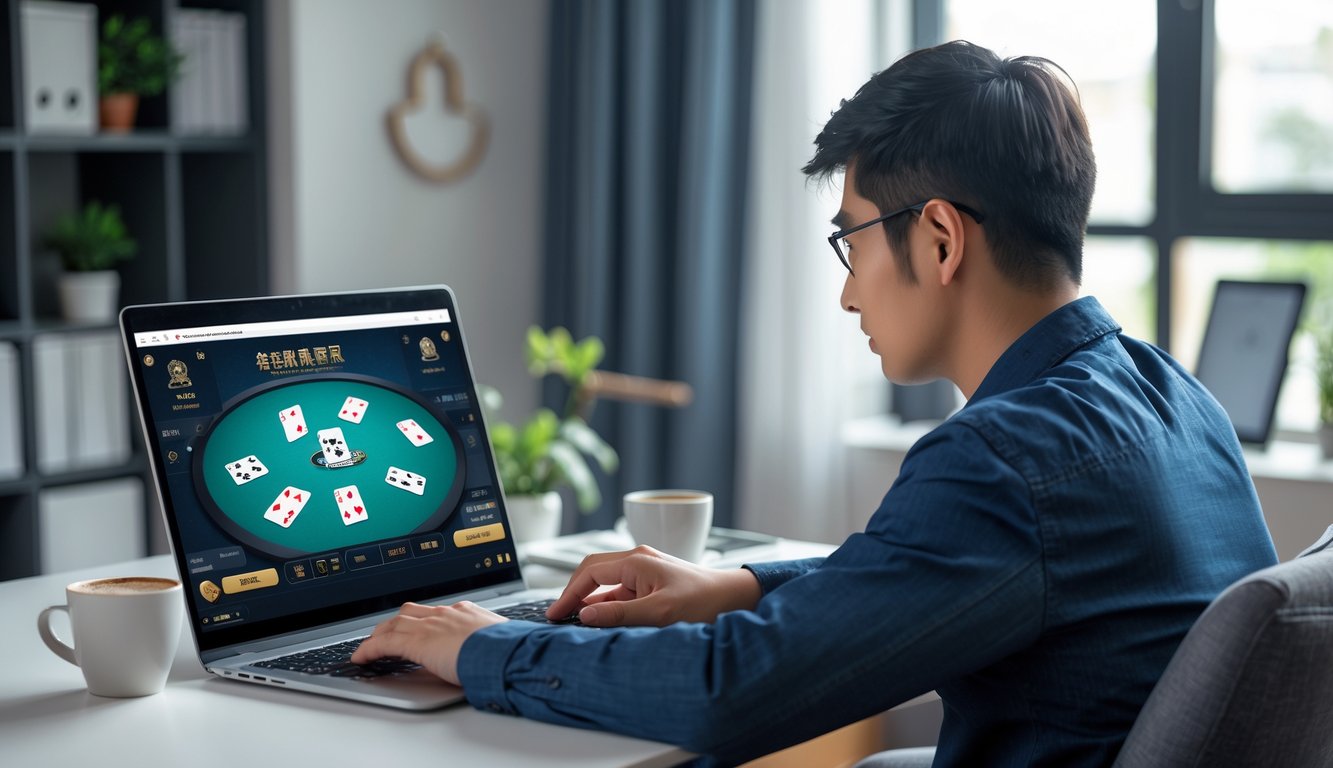 Seseorang sedang bermain poker Chinese online dengan santai di depan laptop di ruangan yang nyaman dan aman.
