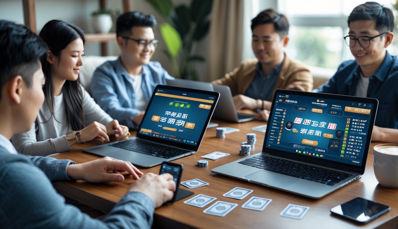 Beberapa orang bermain Chinese Poker online menggunakan laptop dan tablet di ruang tamu yang nyaman.
