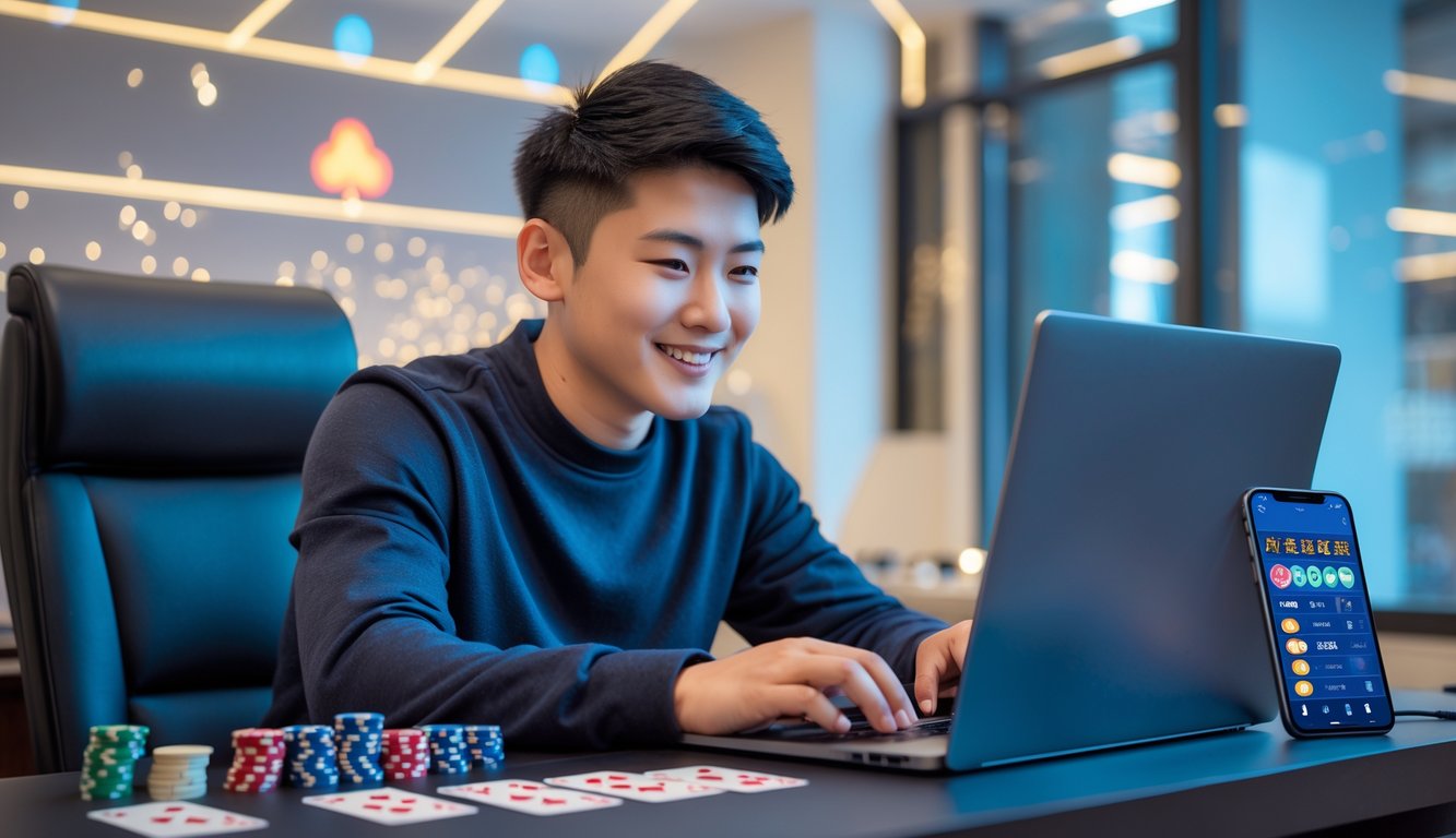 Seorang dewasa muda yang fokus bermain poker Cina secara online di laptop dengan tumpukan chip poker dan kartu di meja.