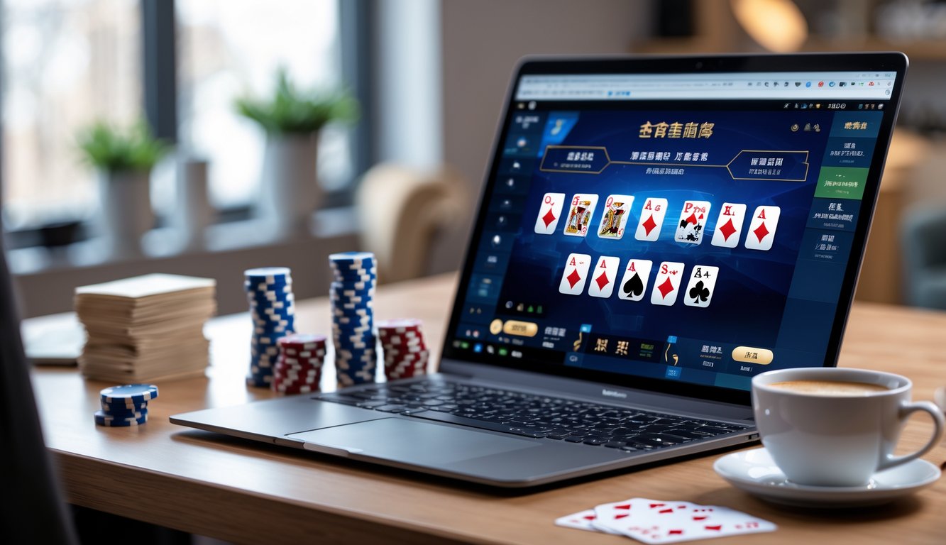 Seorang pemain sedang bermain Chinese Poker online di laptop dengan chip poker dan kartu di meja dalam suasana ruang kerja yang nyaman.