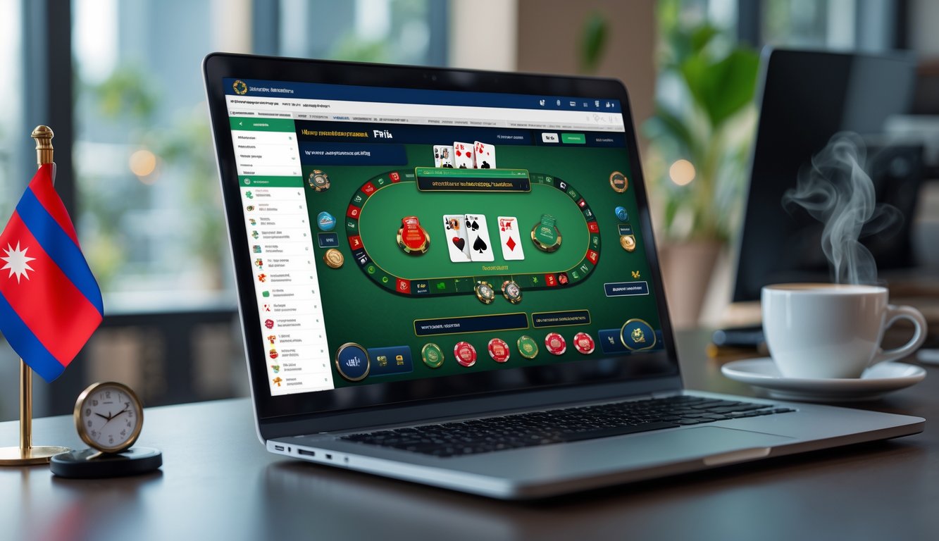 Seorang profesional sedang menggunakan laptop dengan tampilan permainan poker Cina online di meja kerja modern.