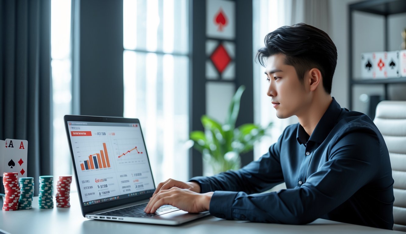 Seorang pria muda Asia duduk di meja modern sambil fokus mengelola modal taruhan poker China secara online dengan laptop terbuka dan alat permainan di sekitarnya.