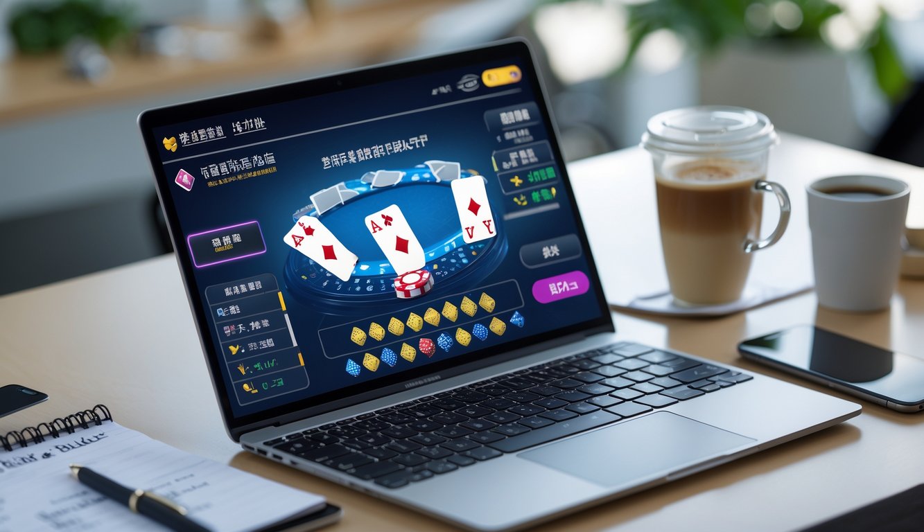 Seorang profesional sedang bekerja dengan laptop yang menampilkan permainan Chinese Poker online, di meja terdapat catatan, pena, kopi, dan ponsel.