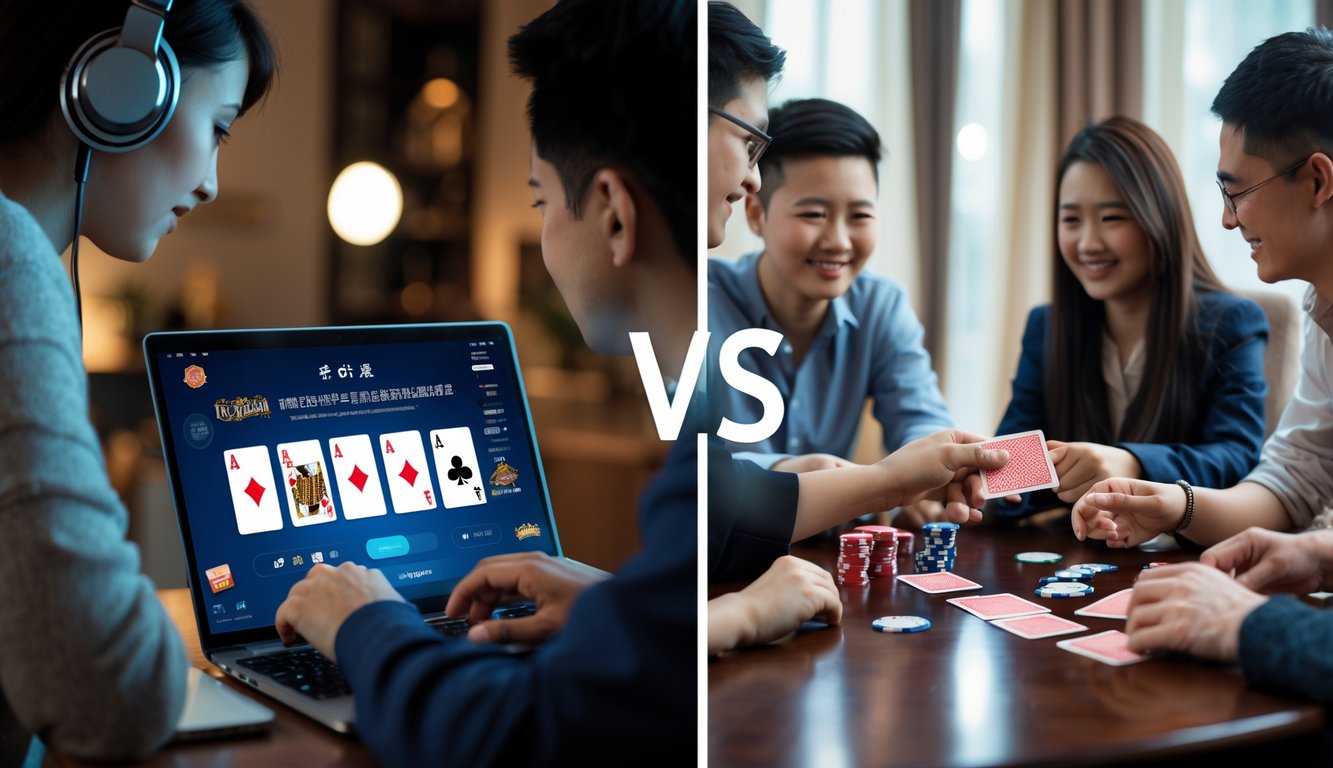 Seseorang bermain Chinese Poker di laptop di rumah dan sekelompok teman bermain kartu poker secara langsung di meja kayu.