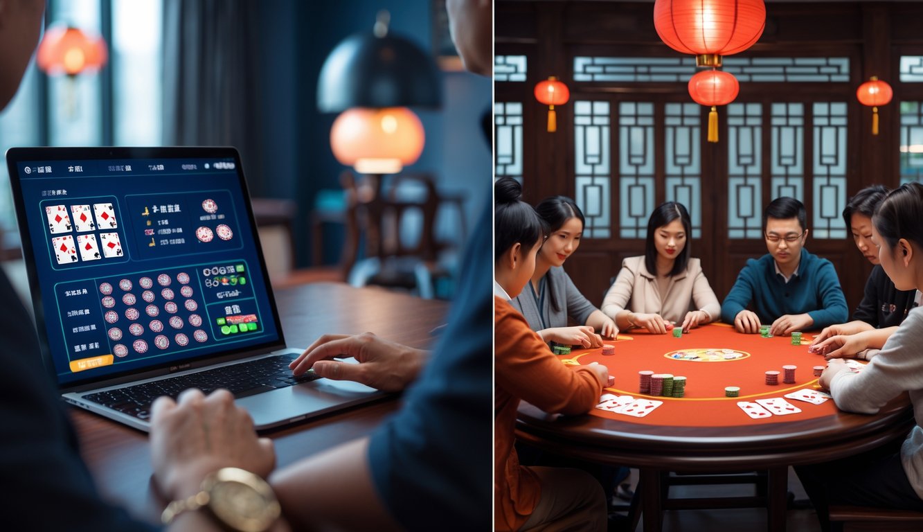 Seseorang bermain poker Chinese secara online menggunakan laptop di sebelah kiri, dan sekelompok orang bermain poker Chinese secara langsung di meja kayu di sebelah kanan.