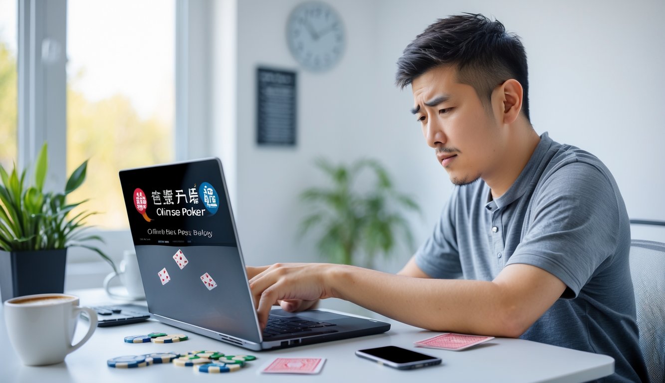 Seorang pria muda duduk di meja dengan laptop, terlihat fokus dan sedikit frustrasi saat bermain poker Cina online.