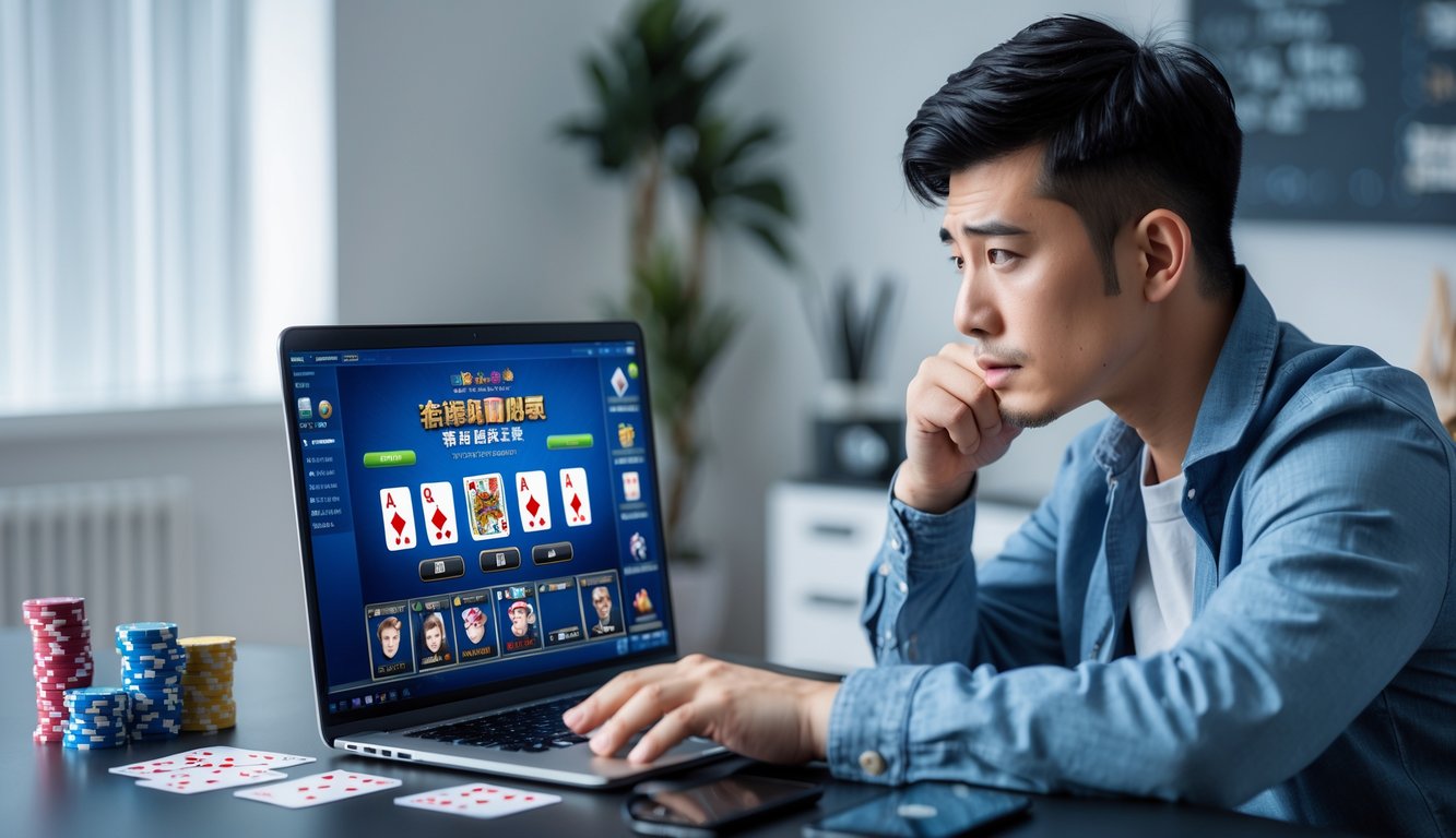 Seorang pria muda duduk di meja dengan laptop yang menampilkan permainan Chinese Poker online, terlihat fokus dan sedikit khawatir.