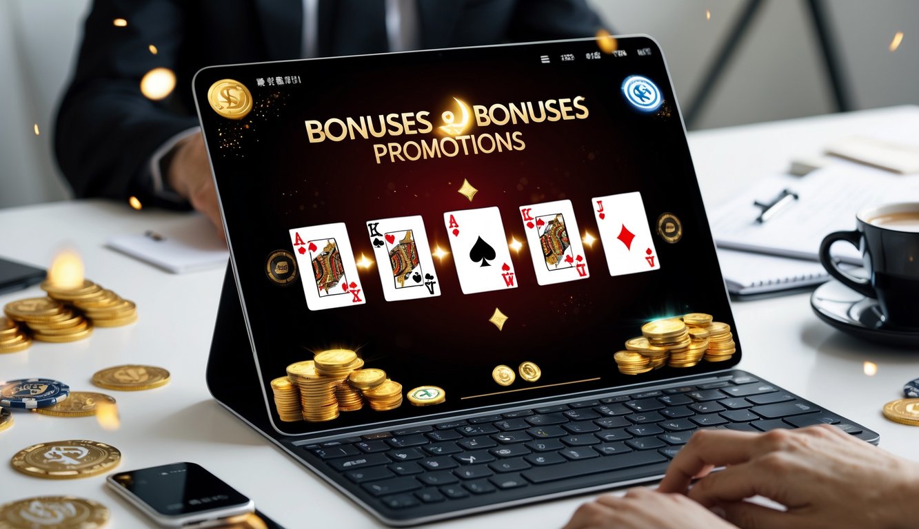 Sebuah meja kerja dengan perangkat digital menampilkan permainan Chinese Poker online, dikelilingi oleh chip poker dan koin emas sebagai simbol taruhan dan bonus.