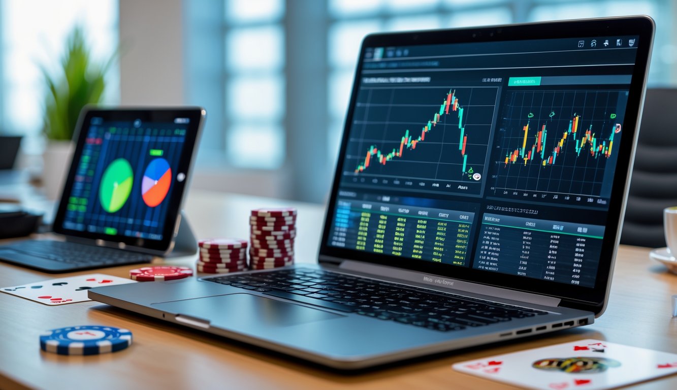 Seorang profesional bekerja di meja dengan laptop yang menampilkan grafik statistik, tumpukan chip poker, dan kartu poker Cina di lingkungan kantor yang rapi.