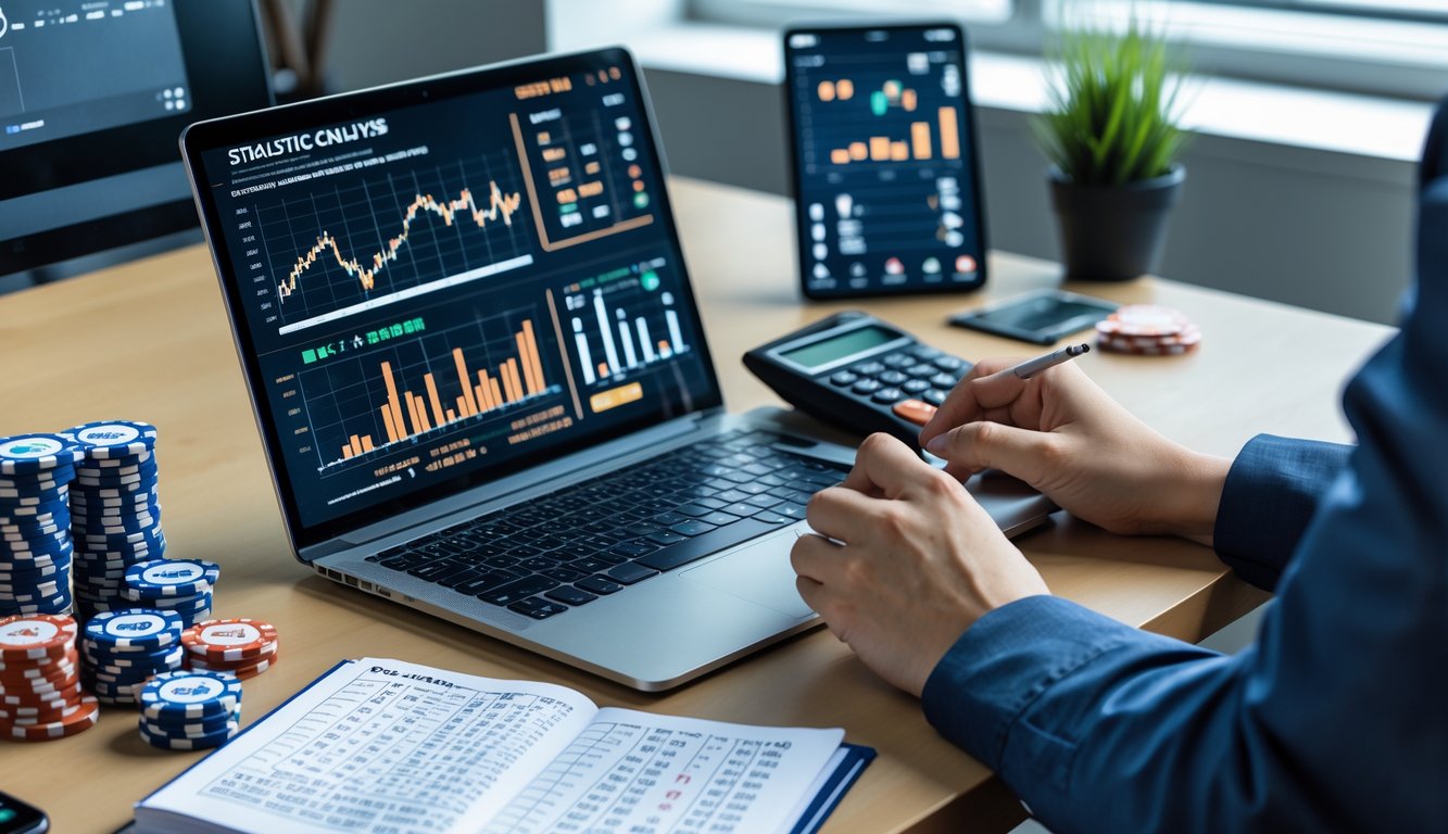 Meja kerja dengan laptop yang menampilkan grafik statistik, kartu poker, chip poker, dan tangan seseorang yang sedang menghitung dan mencatat data.