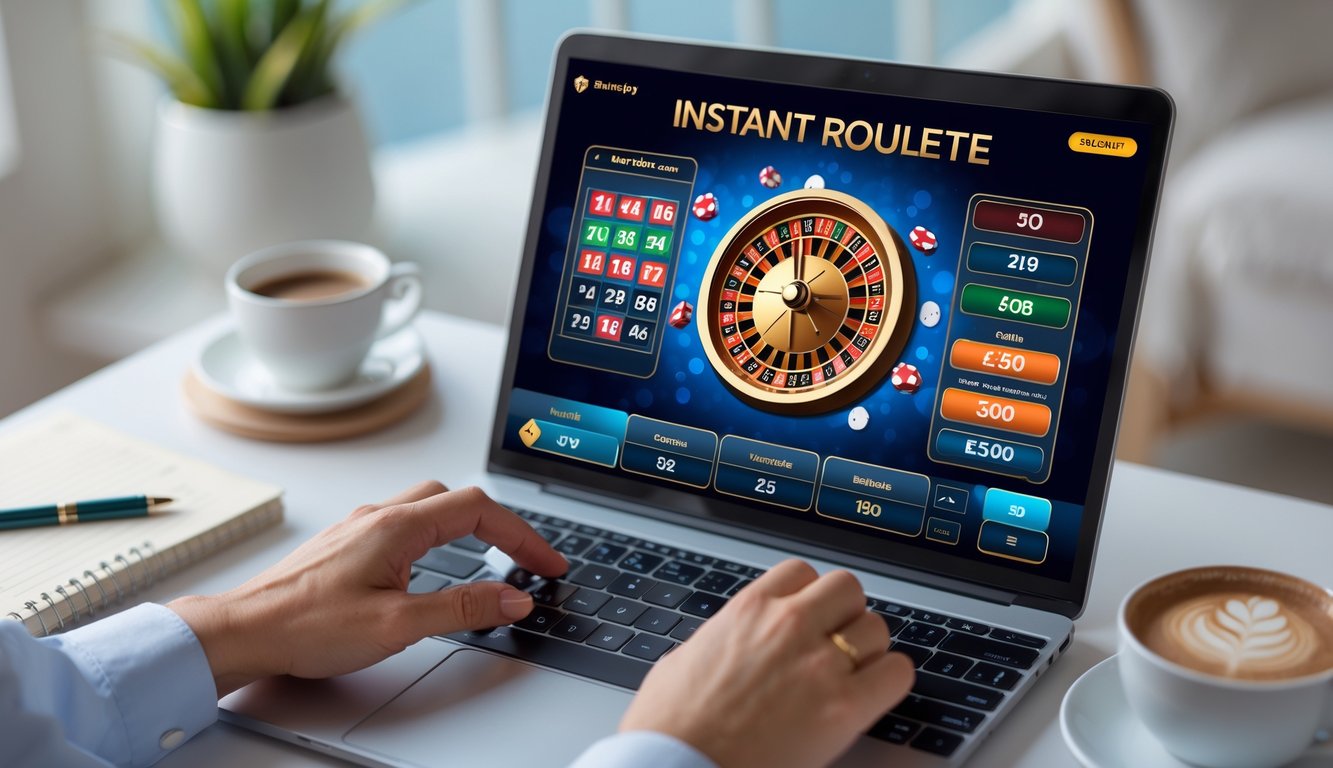 Seseorang menggunakan laptop untuk bermain permainan roulette online dengan tampilan roda roulette dan opsi taruhan di layar.