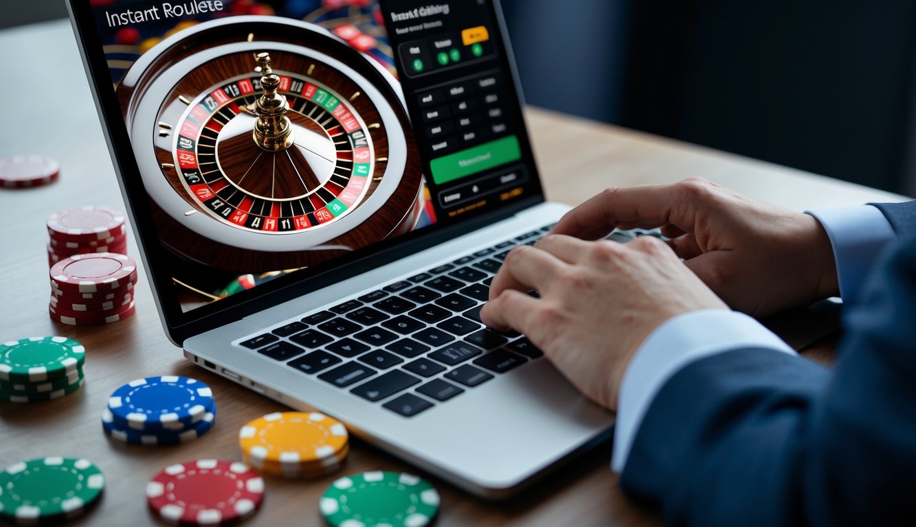 Seseorang sedang menggunakan laptop dengan tampilan roda roulette dan chip taruhan di sekitar keyboard.