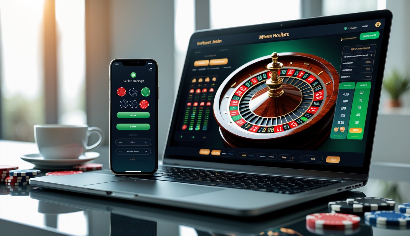 Seorang pengguna sedang bermain roulette instan online di laptop dan ponsel di atas meja dengan chip poker dan secangkir kopi.