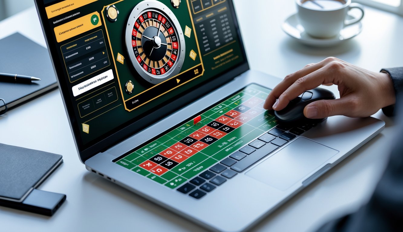 Seseorang menggunakan komputer untuk memasang taruhan pada permainan roulette online dengan meja taruhan dan roda roulette terlihat di layar.
