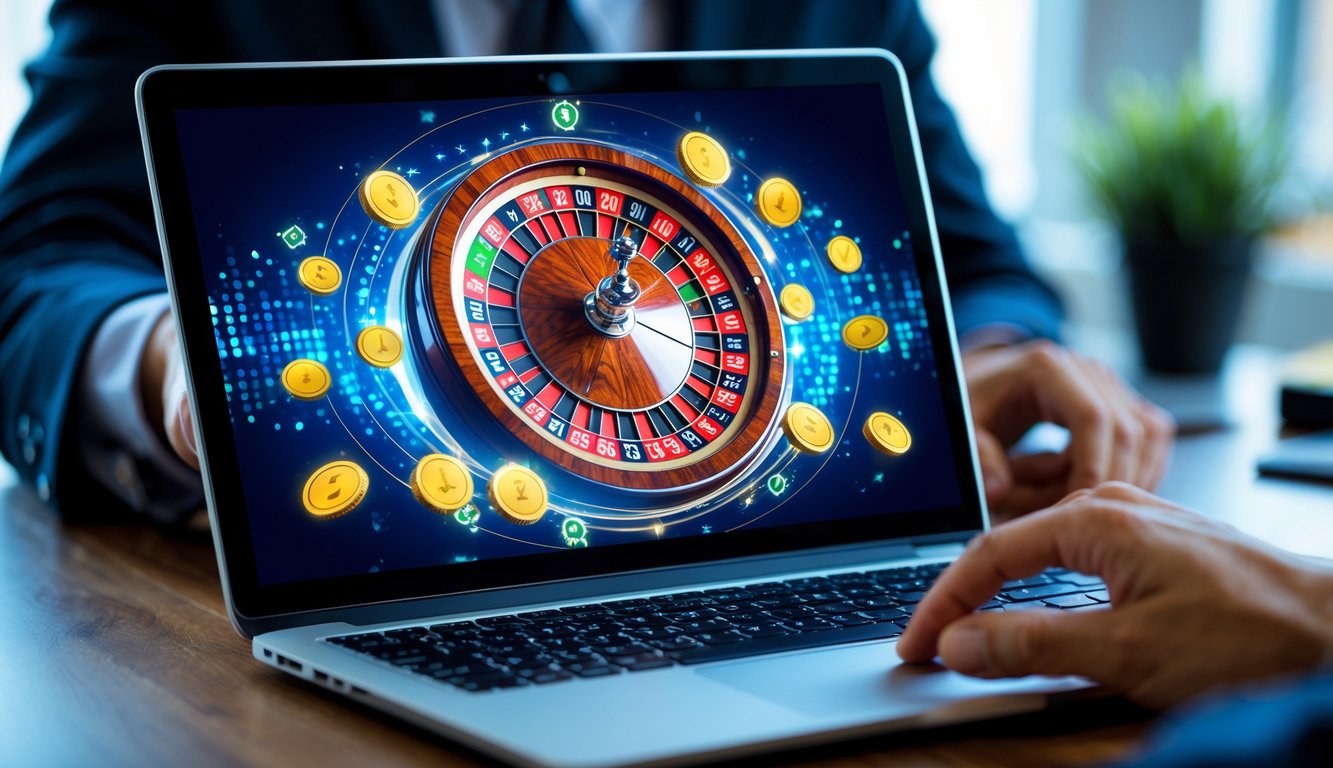 Tangan seseorang menggunakan laptop yang menampilkan roda roulette berputar dan ikon taruhan online di meja kerja yang rapi.