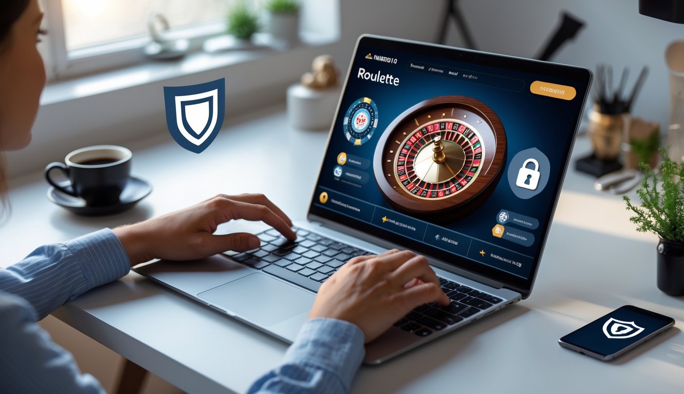 Seseorang menggunakan laptop yang menampilkan roda roulette online di meja kerja dengan pencahayaan alami.