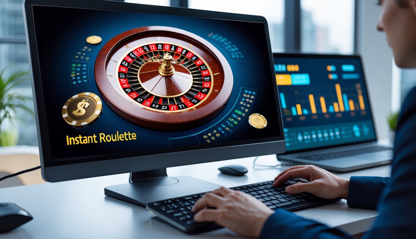 Seseorang bermain roulette online dengan layar komputer menampilkan roda roulette yang berputar di meja kerja modern.
