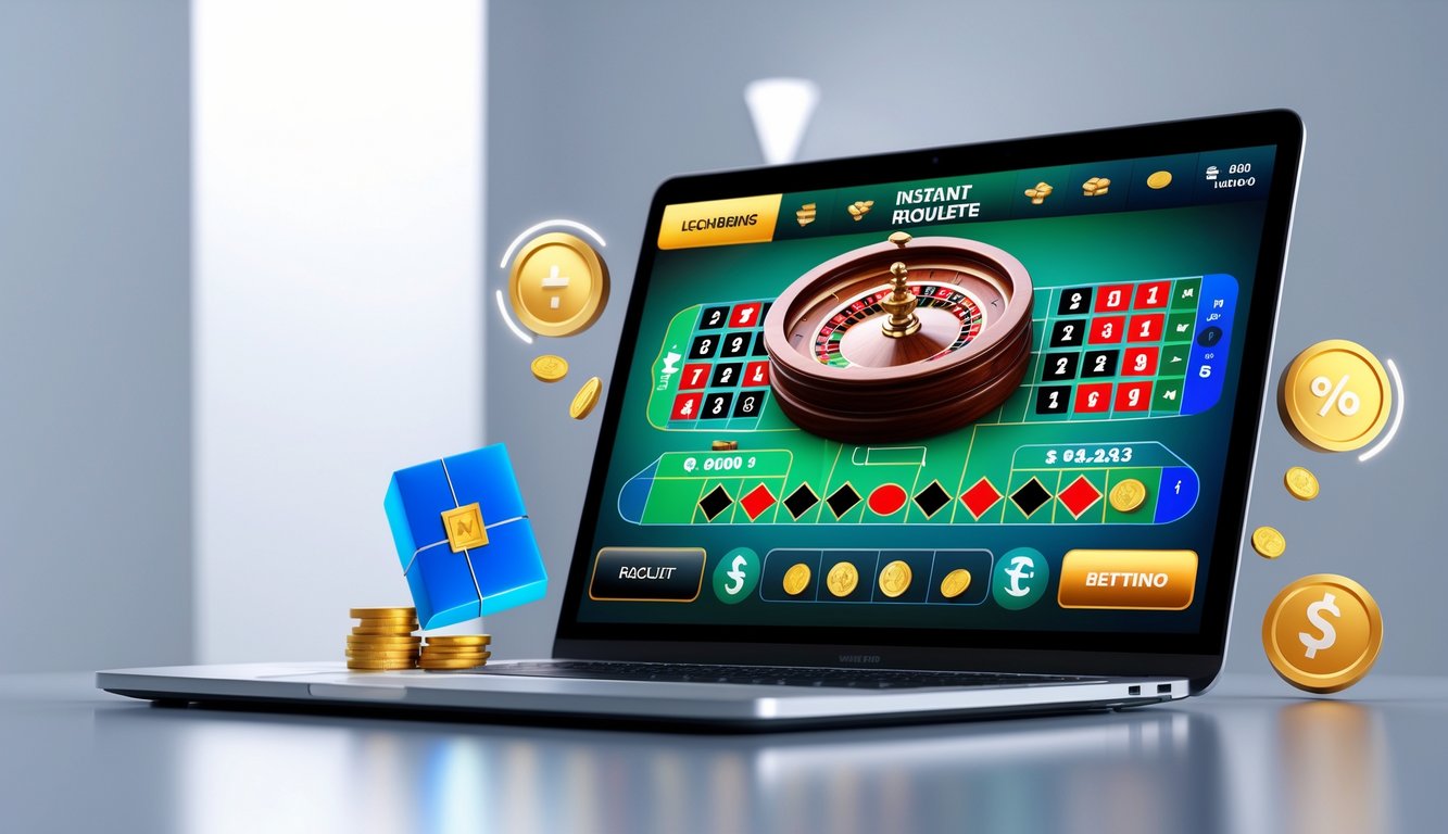 Sebuah layar komputer menampilkan permainan roulette online dengan ikon bonus dan promosi di sekitarnya.