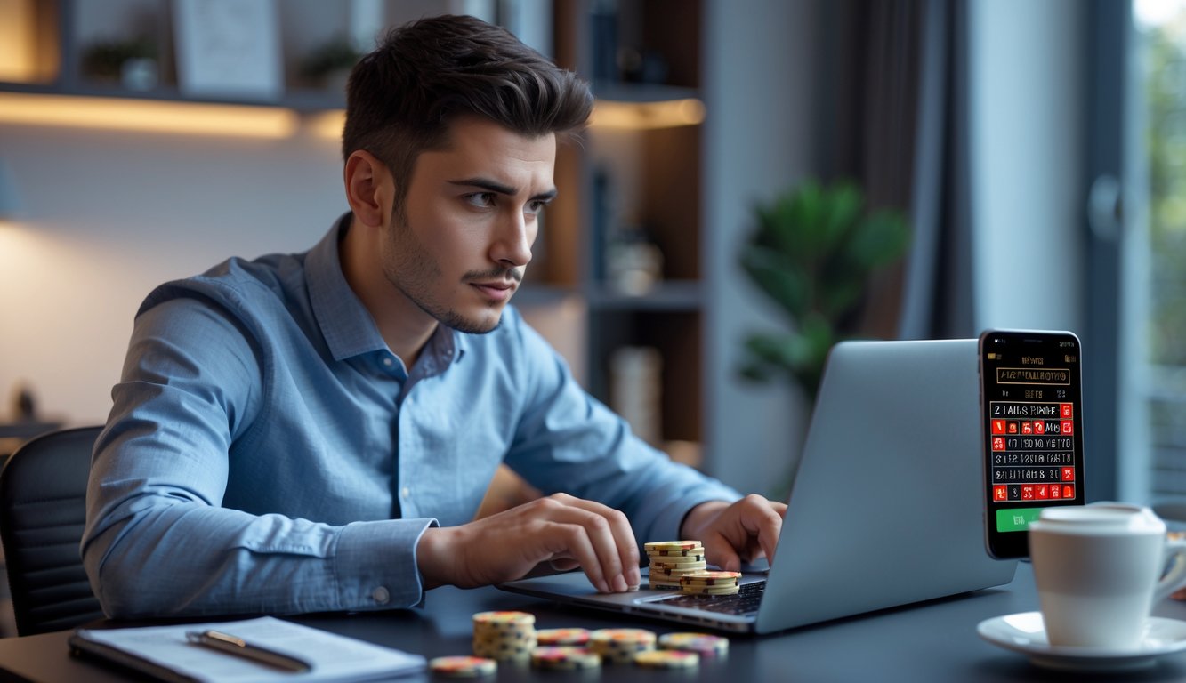 Seorang pria muda duduk di meja modern sambil bermain roulette online di laptop dengan ekspresi fokus dan hati-hati.