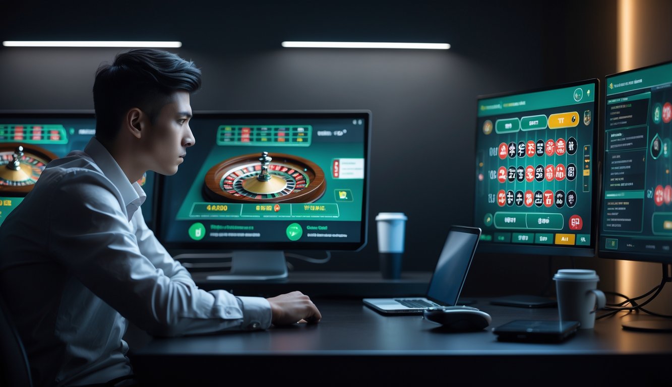Seorang pria muda serius duduk di depan beberapa layar yang menampilkan permainan roulette online dengan ekspresi fokus dan suasana ruangan yang gelap dan modern.