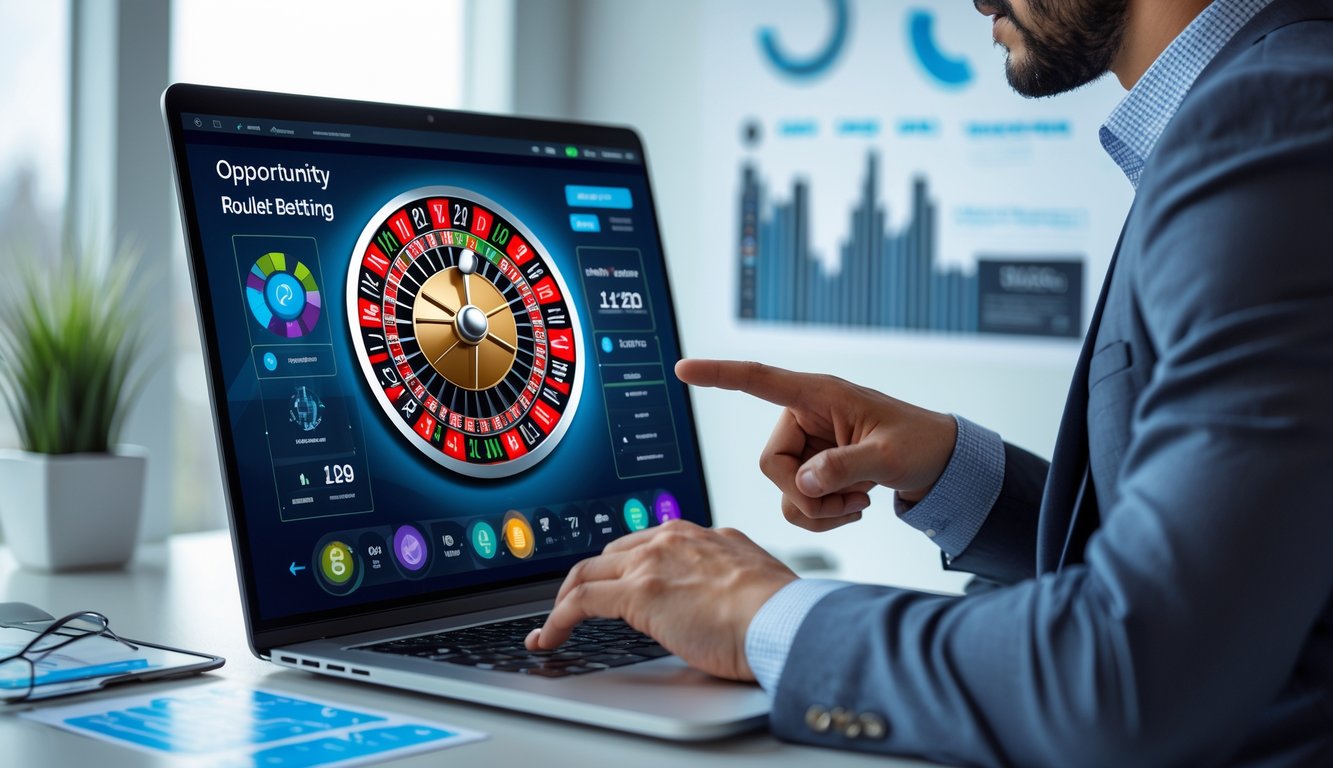 Seseorang sedang menggunakan komputer dengan tampilan roda roulette online yang berputar dan grafik statistik di sekitar layar.