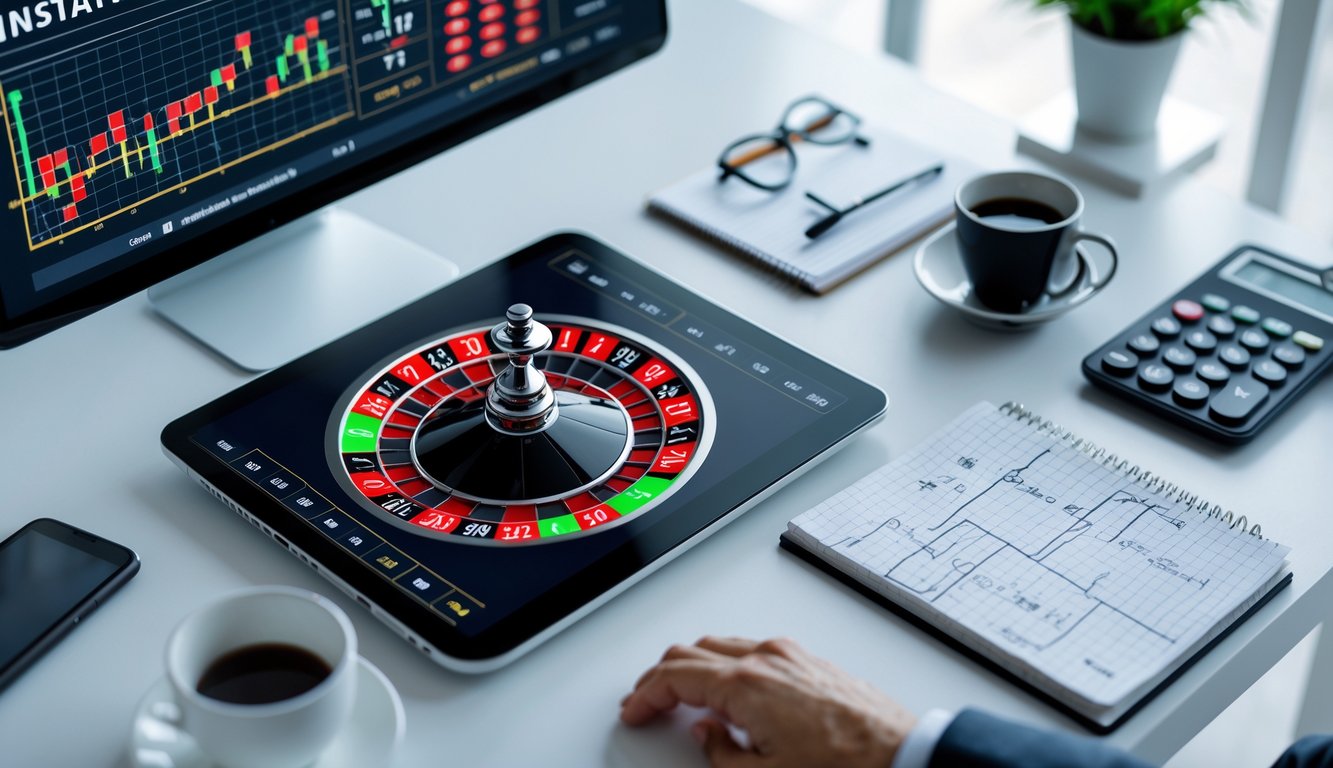 Seorang pria atau wanita sedang menganalisis peluang taruhan roulette online dengan komputer yang menampilkan roda roulette digital dan grafik statistik di meja kerja.