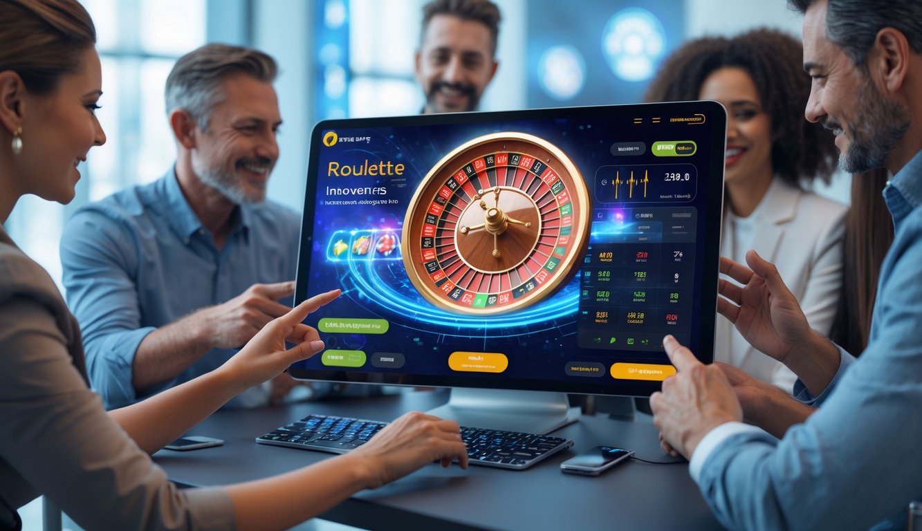 Orang-orang menggunakan perangkat digital dengan tampilan roda roulette online yang futuristik dan efek cahaya digital.