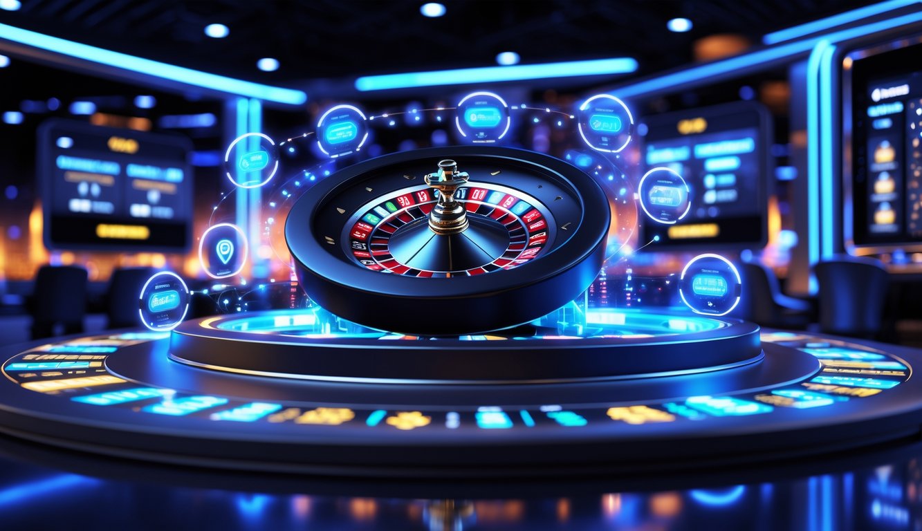Tampilan roda roulette digital modern dengan efek cahaya neon dan antarmuka kasino virtual futuristik.