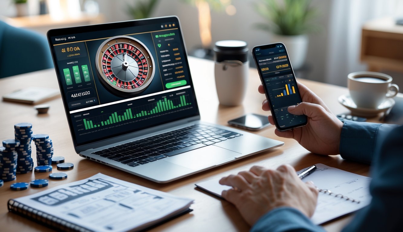 Meja kerja dengan laptop menampilkan roda roulette digital dan grafik keuangan, tangan seseorang memegang ponsel dan kalkulator, dengan chip poker dan catatan di sekitar meja.