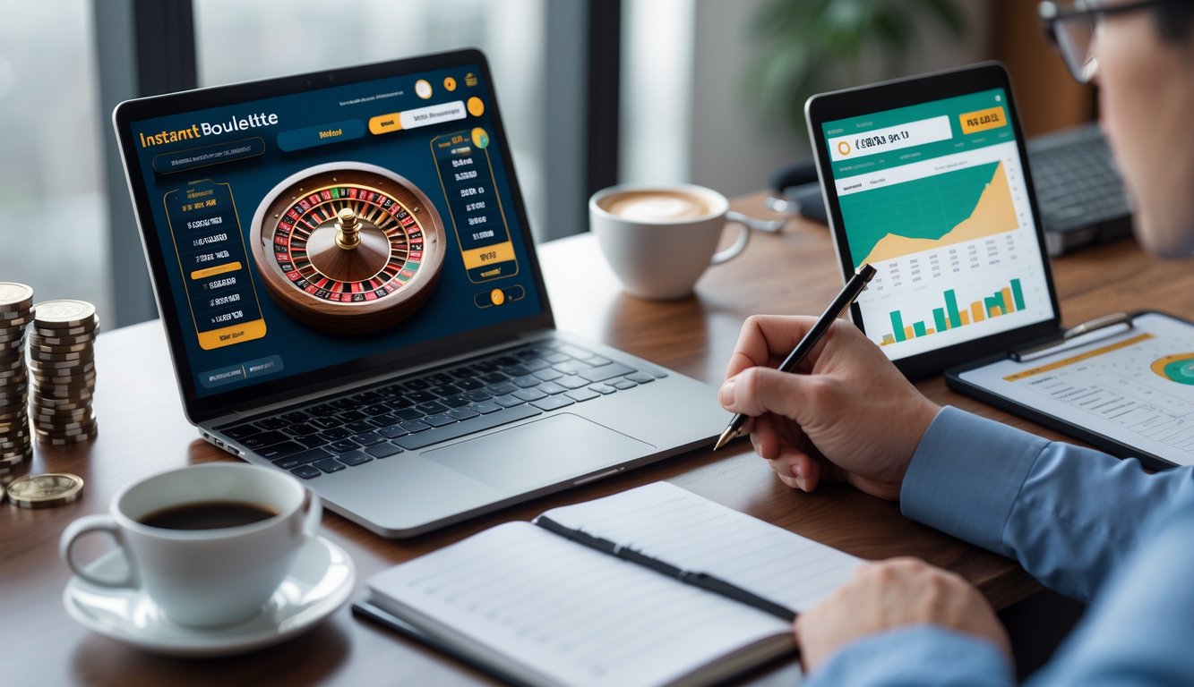 Seseorang sedang mengatur keuangan untuk taruhan roulette online dengan laptop, kalkulator, dan catatan di meja yang rapi.