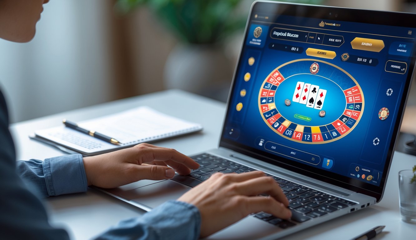 Seorang pemuda fokus bermain permainan baccarat online di laptop dengan kartu dan chip di layar, duduk di meja dengan buku catatan.