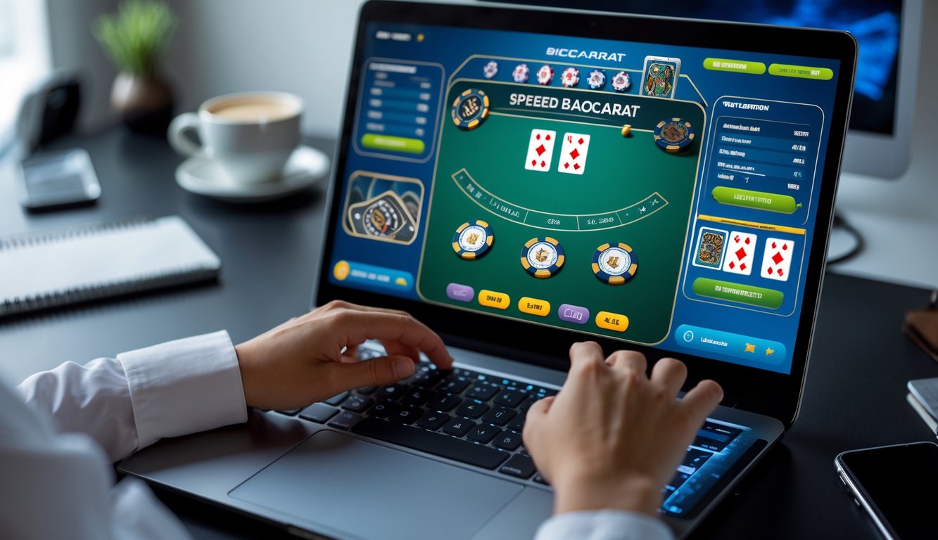 Seseorang menggunakan komputer untuk bermain Speed Baccarat online dengan kartu dan chip terlihat di layar dalam suasana ruangan yang rapi.