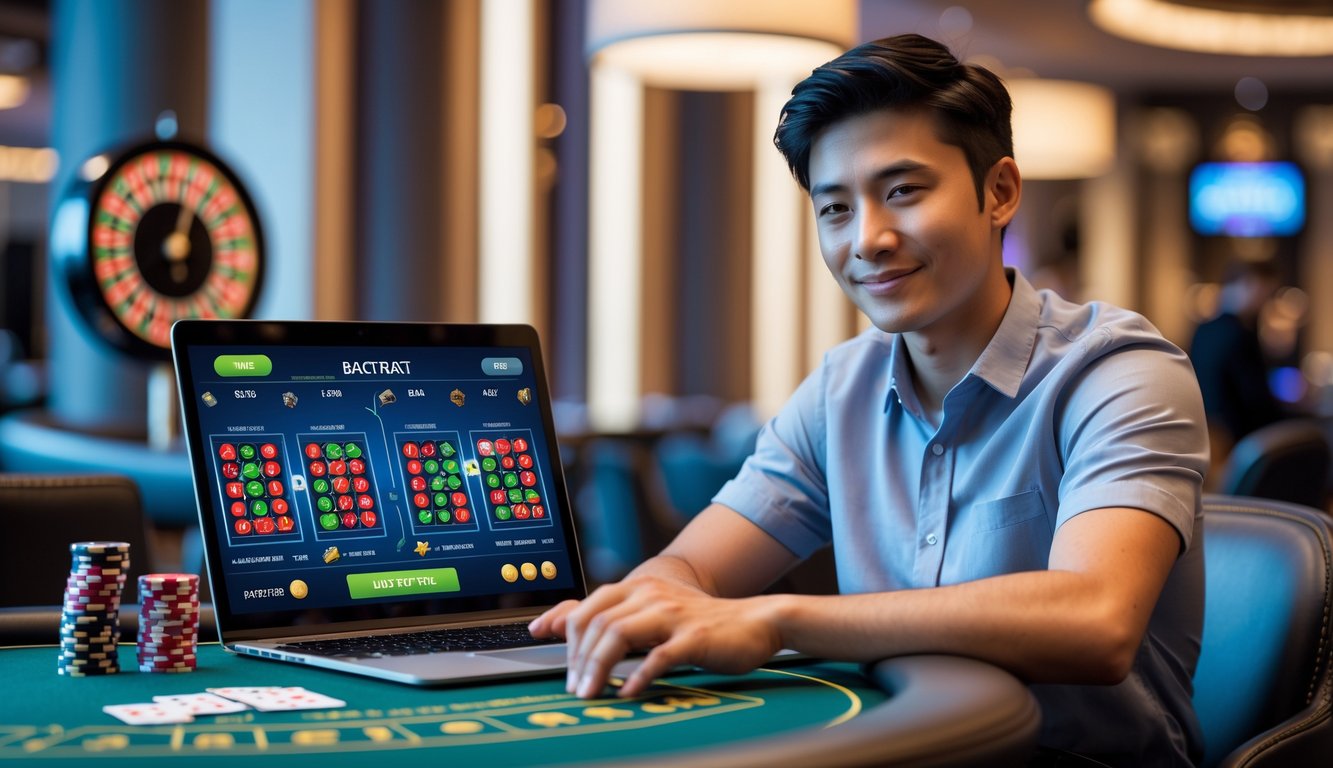 Seorang pria muda duduk di meja kasino dengan laptop yang menampilkan permainan baccarat online, di sampingnya terdapat tumpukan chip dan uang kertas.