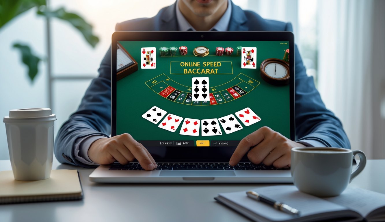 Seorang dewasa muda yang fokus bermain speed baccarat online di laptop di ruang kerja rumah yang modern dan terang.