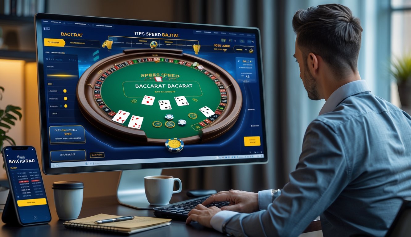 Seseorang duduk di depan komputer dengan layar menampilkan permainan baccarat online, di meja terdapat catatan, kopi, dan ponsel yang menunjukkan grafik.