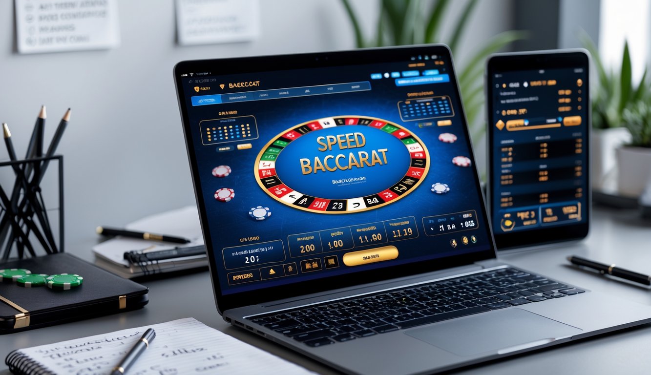 Seorang pemain menggunakan komputer dengan tampilan permainan baccarat online, di meja terdapat catatan dan ponsel yang menunjukkan statistik taruhan.