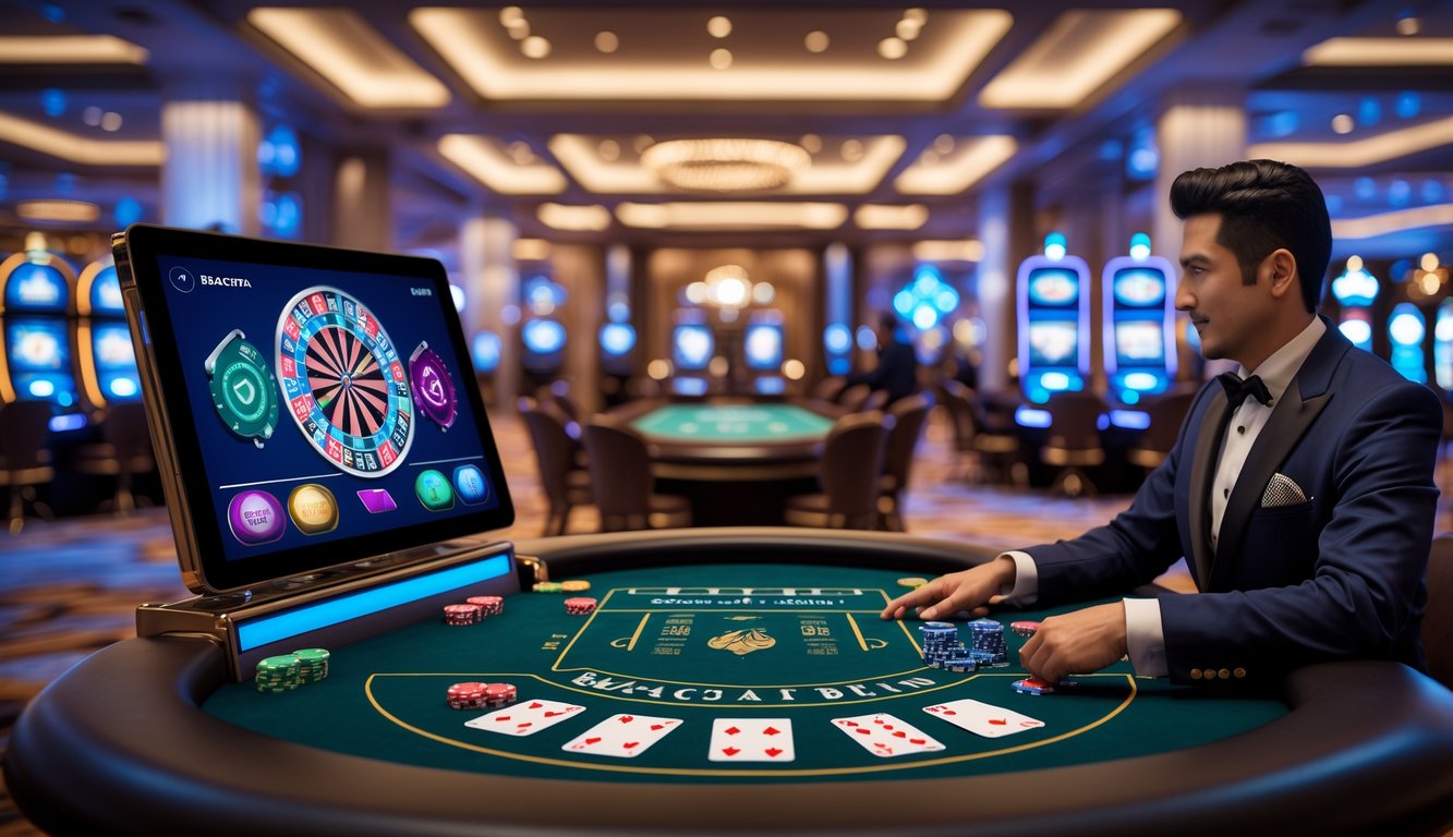 Suasana kasino dengan meja baccarat digital dan meja baccarat tradisional, menampilkan perbedaan antara permainan cepat online dan permainan biasa.