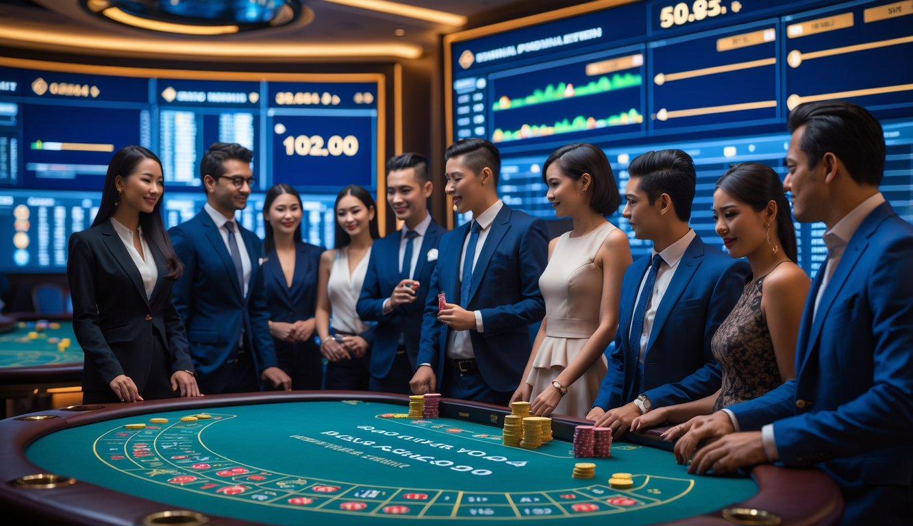 Suasana kasino langsung dengan meja baccarat dan pemain yang fokus memperhatikan permainan.