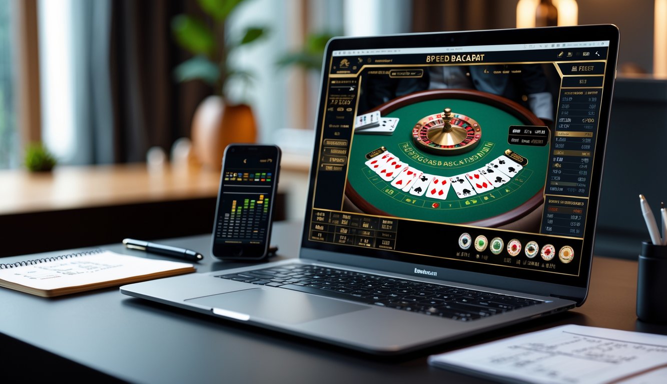 Seorang pemain sedang fokus melihat layar komputer yang menampilkan permainan Speed Baccarat online dengan kartu dan chip taruhan, di atas meja terdapat catatan dan ponsel yang menunjukkan grafik statistik.