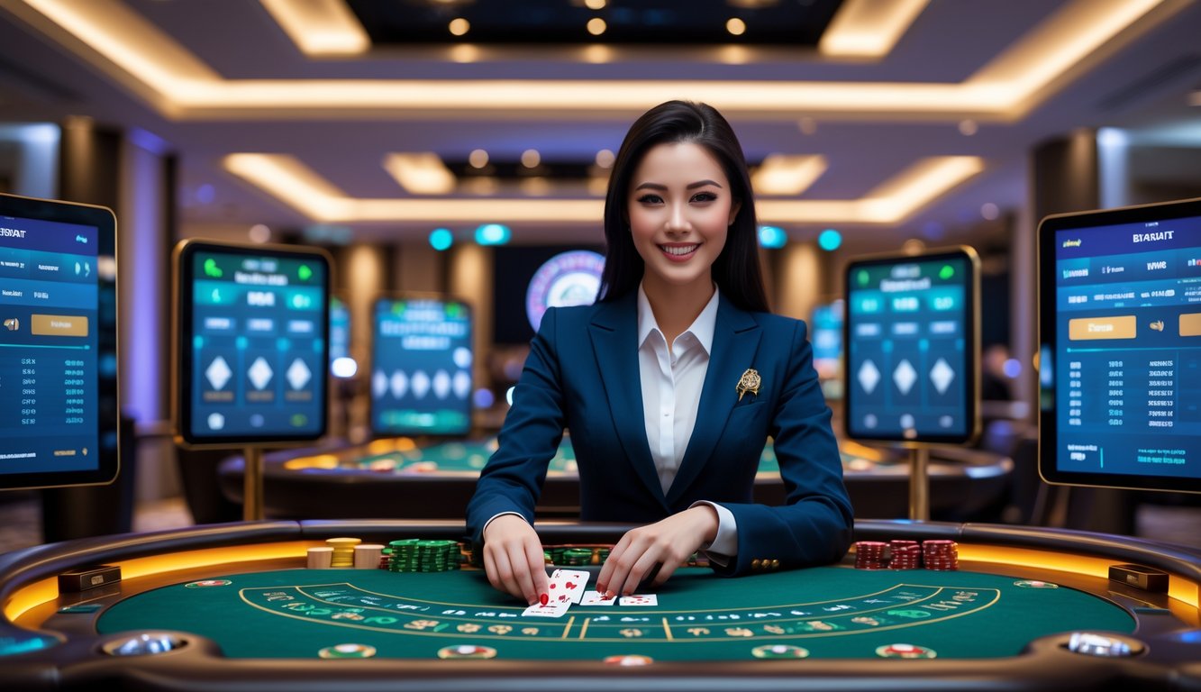 Seorang dealer profesional wanita sedang membagikan kartu di meja baccarat dengan latar belakang kasino modern dan layar digital yang menampilkan permainan baccarat secara langsung.