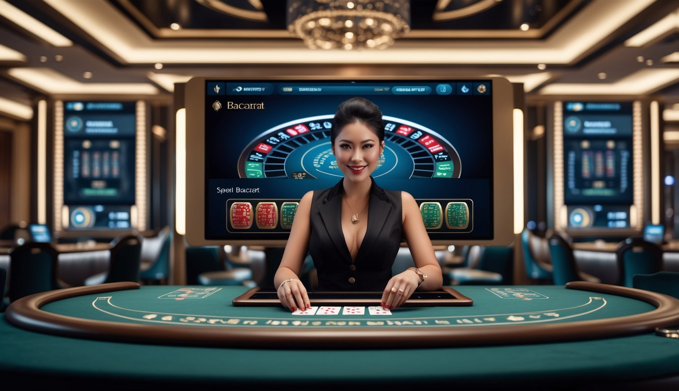Seorang dealer wanita profesional sedang membagikan kartu dalam permainan Speed Baccarat online dengan latar belakang suasana kasino mewah.